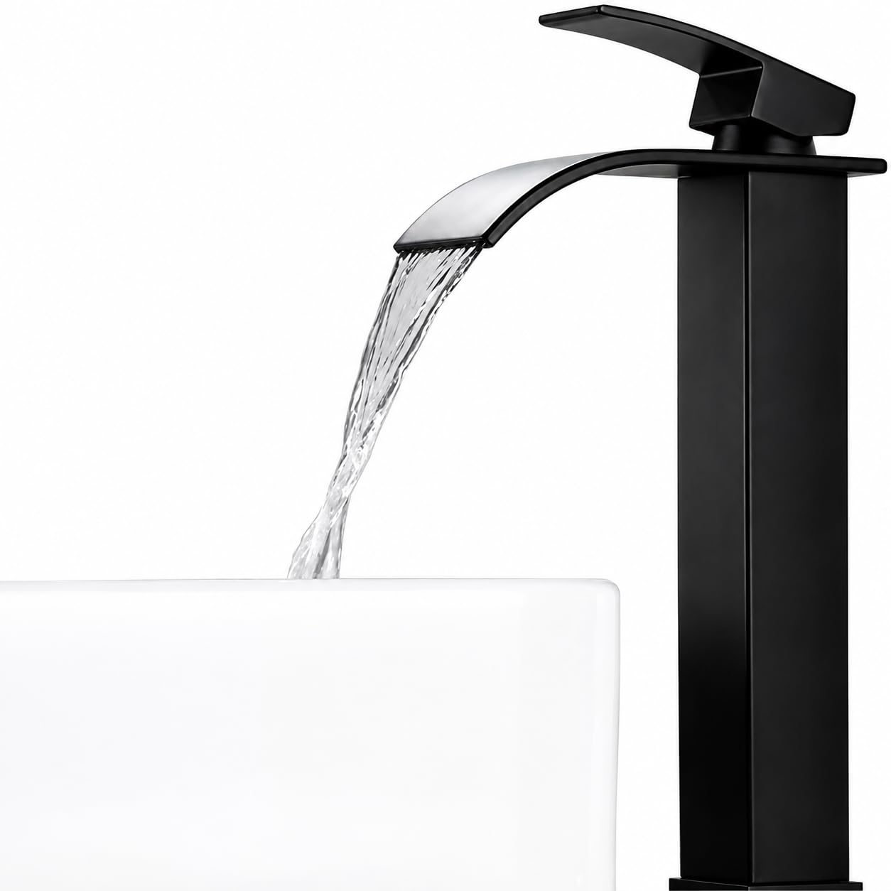 B&Q -  Black Waterfall Tall Basin Mixer TapSingle Lever Square Mono Bathroom Sink Tap For Hot & Cold Water