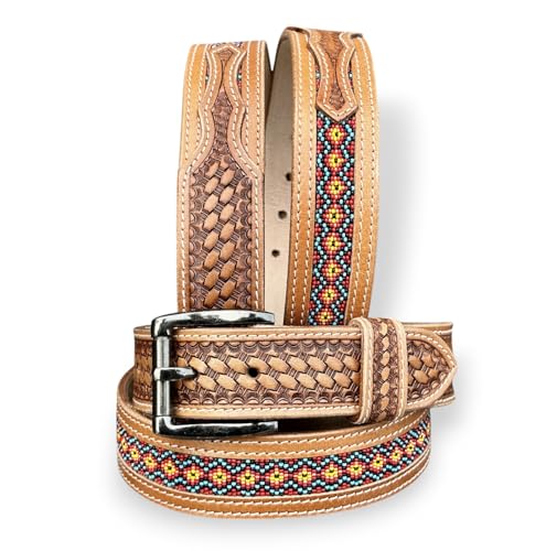 DANIEL'S ARTPLANET Western Belt for Men Handmade Full Grain Leather Beaded Tooled Cowboy Belt with Removable Buckle 1.5”