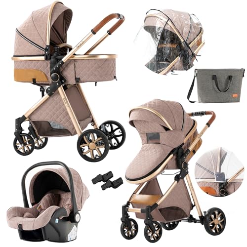 Doraystar Carro Bebe 3 Piezas, Carrito Bebe 3 en 1 con Dos Modos de Empuje Reversibles, Cochecito Bebe 3 Piezas con Capazo Grande Cómodo, Carricoche Bebe 3 Piezas Alto Paisaje (V9 Khaki)