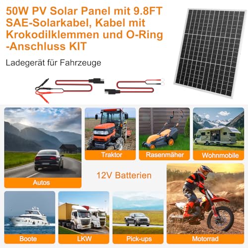 【50W Solar Autobatterie Ladegerät 18V Kit】DERUXI 50 W Mono Solarpanel: 50W Solar Panel, Eingebautem PWMs Laderegler+2 Paar SAE-Solarkabel, PV Solarmodul für 12V GEL,AGM, LiFePO₄-Batterien