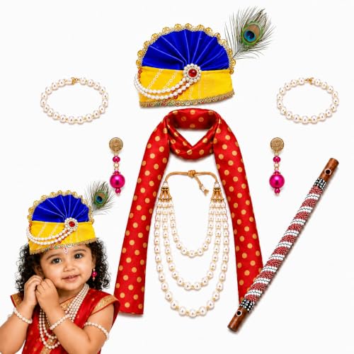 Image of Sarvda Krishna & Radha Dress for Kids - Complete Janmashtami Costume Sets with Dhoti /Lehenga, Mukut, Mor Pankh, Bansuri & Accessories | Fancy Dress for Baby Boys & Girls