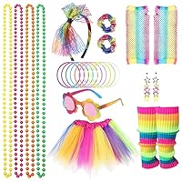 Jyeennar 80s Fancy Dress Costume Set for Girls,Neon Party Accessories with Tutu Skirt Leg Warmer Earrings Fishnet Gloves Necklaces Glasses Bracelets Headband,80s Kids Rockstar Costume