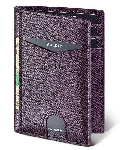 VULKIT Bifold Front Pocket Slim Wallet RFID Blocking Minimalist Thin Leather Credit Card Holder Wallet for Men and Women Cross Wine