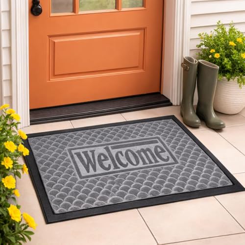 Image of DecorTwist PVC Door Mat 60x40 cm | Heavy Duty Indoor Outdoor Entrance Mat | Anti-Slip Rubber Back | Waterproof Dust & Dirt (Style 4 [ Gray], Polyester & PVC Door Mat 60 * 40 cm, Pack of 2)
