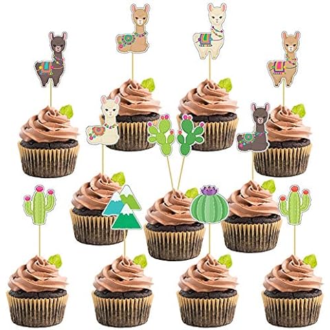 Llama Cactus Cupcake Toppers Party Cake Toppers 48PCS, Mexican Fiesta Alpaca Cactus Theme Party Supplies Cake Decorations for Baby Shower and Birthday Party Cover
