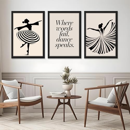 Image of NoWorries Minimalist Ballet Dancer Wall Art Framed Painting Set of 3 | Black & White Dance Silhouette Prints with Frame | inchWhere Words Fail, Dance Speaks inch Quote | Modern Aesthetic Ballet Decor Frames for Living Room, Bedroom and Studio, Framed Artwork Ready to Hang (Art-10, 13x19inch, Wooden)