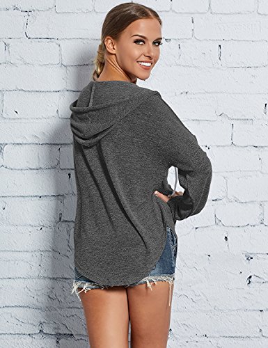 WLLW Womens Long Sleeve Deep V Neck Drawstring Sweatshirt Hoodies Tops Blouse (L, Dark Grey)