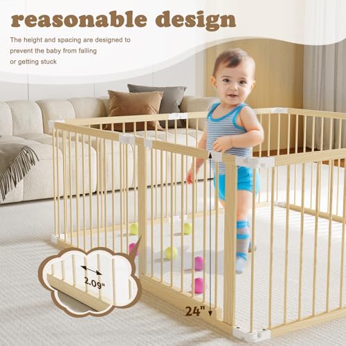 Jimberbay Faltbarer Laufstall aus Holz, 145 x 145 x 61 cm, groß mit 8 Elementen, verstellbarer für Babys und Kleinkinder mit Sicherheitstür, für drinnen und draußen