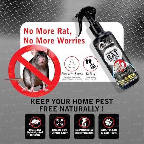 Image of Antson 250 ml Rat Repellent for Car, No Entry Rat Repellent for Cars Highly Effective Easy to Use, Odour Free Rodent Repellent for Cars, Bike, Home, Office, (Rat Killer)