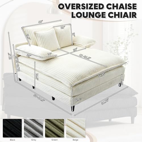 Image of Oversized Chaise Lounge Chair Indoor with 5-Position Adjustable Backrest, 54.8 inch Upholstered Corduroy Deep Seat Single Cloud Sofa Chair, Fluffy Modern Sleeper Couch Bed for Living Room, Beige White