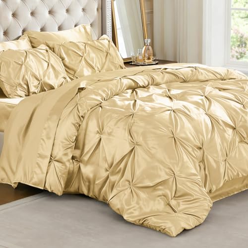 Image of BEDELITE Satin Comforter Set Full Size, 7 Pieces Pintuck Bed in A Bag with Comforter, Flat Sheet, Fitted Sheet, Pillowcases, Shams, Soft Cozy Similar to Silk Bed Set for All Seasons (Champagne)