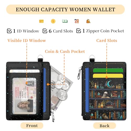 Image of Hancynir Goth Bookshelf Skull Cat Wallet Women Credit Card Holder Funny Gothic RFID Blocking Small Card Wallets Mini Front Pocket PU Leather Thin Travel Zipper Coin Cash Ladies Female Wallet Gifts