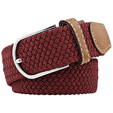 BaiX Women and Men's Solid Canvas Braided Belt Stretch Woven Jeans Belts Wine Red Cover