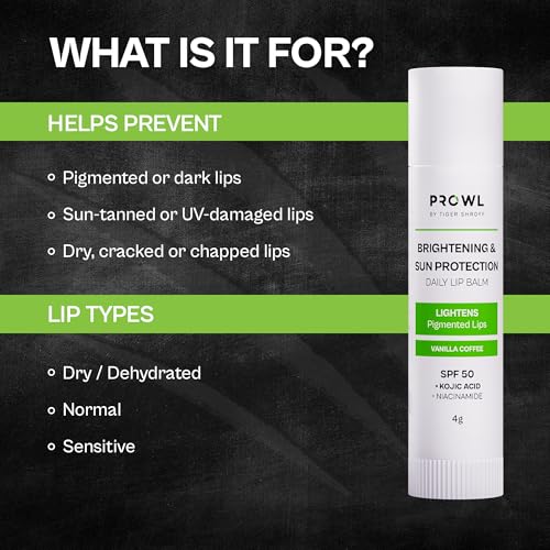 Image of PROWL by Tiger Shroff SPF 50 PA+++ Lip Balm For Men with Kojic Acid | Lipbalm For Moisturising Brightening Dark Lips & Lightening Pigmented Dry Lips | Pigmentation Removal Care | Vanilla Coffee, 4g