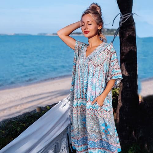 Image of Miss Lavish London Teal Ethnic Print Kaftan Dresses for Women V Neck Batwing Sleeve Beach Vacation Bikini Swimsuit Cover Ups, Plus Size African&Dubai Caftan Maxi Beach Dress with Side Slits-Teal-3XL