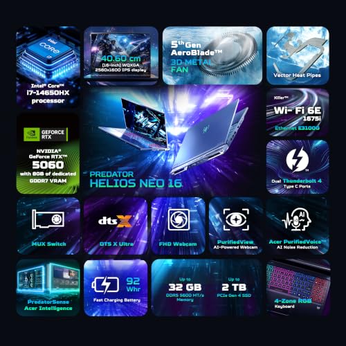 Image of Acer Predator Helios Neo 16, Intel Core i7-14650HX, NVIDIA GeF RTX 5060-8GB DR7, 16GB DDR5 / 1TB SSD, 16 inch /40.6cm WQXGA IPS, 180Hz /92Whr, Win 11H, Abyss Black, 2.5Kg, PHN16-I31, RGB KB, Gaming Laptop