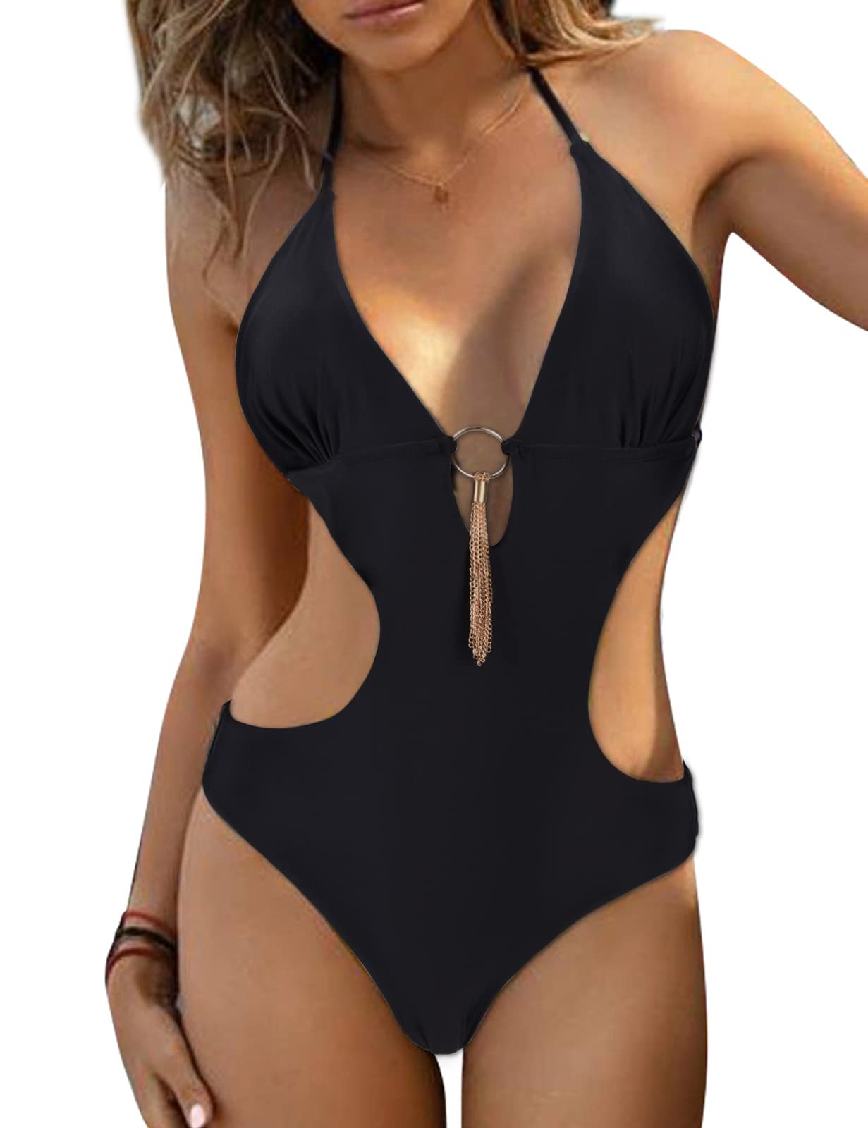heekpek Costume Intero da Donna Scollo a V Bikini Brasiliana Sexy Halter Costume Intero Push Up con Nappe di Metallo Cut out Triangel Mare Costume da Bagno Donna Retro