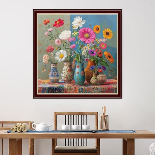 Image of Dimensean Stamped Cross Stitch Kits Full Range of Embroidery Patterns Starter Kits for Beginners Adult DIY Cross Stitches Needlepoint Kits 11CT-Colorful Flowers on the Table 18x18 inch