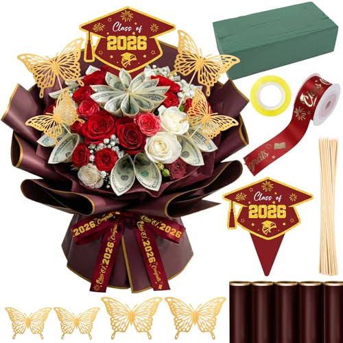 Silkovahamd Money Bouquet Kit Graduation 2026 - Money Gift Ideas Flower Bouquet Graduation Gifts for Women Flower Wrapping Paper Ribbon College High School Regalos de Graduacin 2026