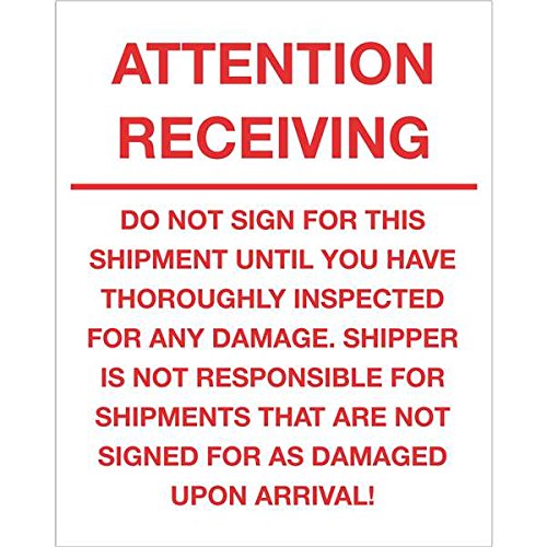 Cinta Logic dl1334etiquetas, "Atención ReceivingNo señal para este envío, 8" x 10,", color rojo y blanco, 250por rollo