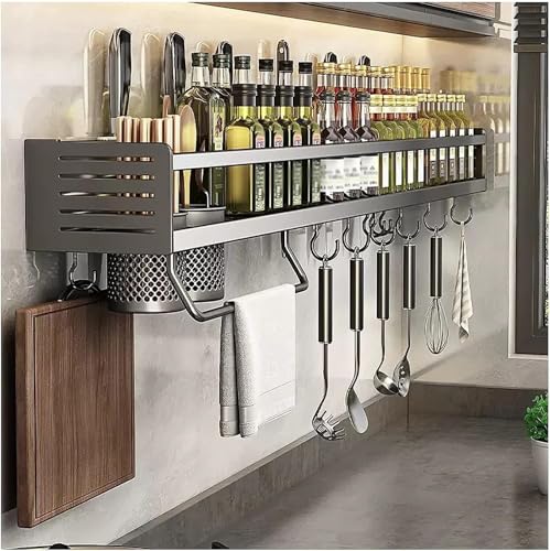 Ganekihedy Porte-épices,Support Rangement Ustensiles de Cuisine Mural avec 6 crochets amovibles,Étagère de Cuisine Porte-Casserole Murale Sans...