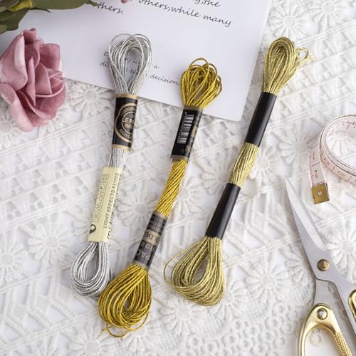 Image of 3 Skeins Metallic Embroidery Floss, Glitter Embroidery Thread String, Polyester Cross-Stitch Threads for Hand Embroidery, String Art, DIY Bracelet- Gold & Silver & Yellow