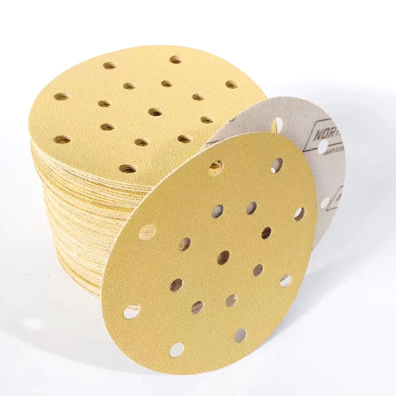 Carta vetrata dorata da 6 pollici, 17 fori, a secco, 150 mm, floccata, rotonda, for legno, stucco for auto, grana 80-500﻿(120 grit,50 pcs)