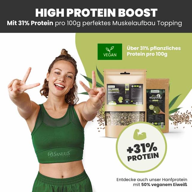 SANUUS Bio Hanfsamen geschrotet 2x500g - Bio Hanfsamen geschält & ungeschält Mix naturbelassen aus Deutschland mit 31% veganem Eiweiß, Eisen, Zink, Kalzium für Müsli, Bowls