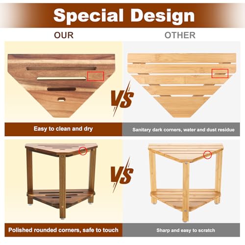 IBosins Corner Shower Stool with Storage Shelf Shower Foot Rest for Shaving Legs Small Bench for Inside Shower to Sit on Bath Seat - Acacia Wood - Image 3