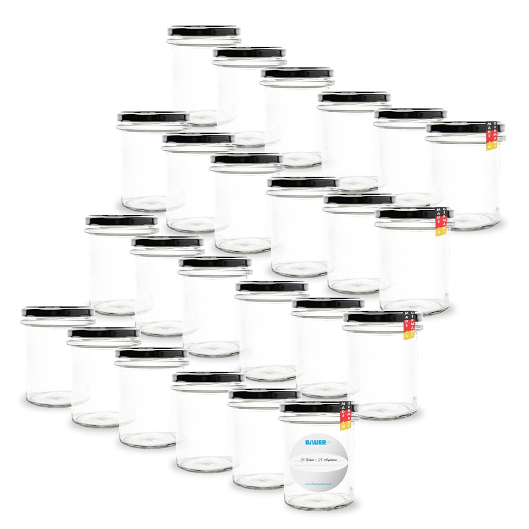 Lot de 24 bocaux en verre 340 ml avec couvercle Twist Off noir TO82 pour la conservation des soupes, des aliments pour bébés, des sauces ou pour conserver le thé et