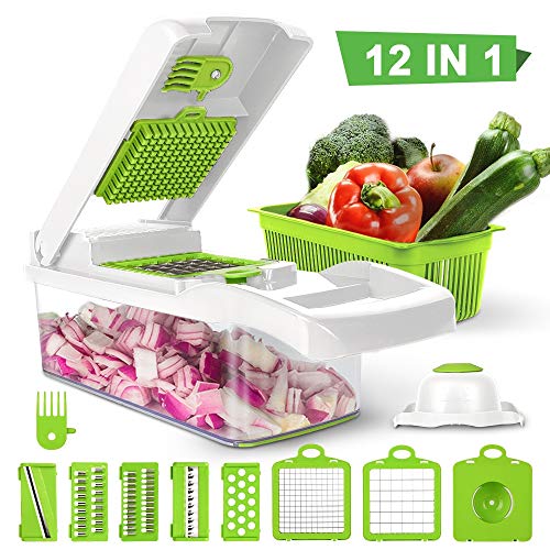 Ksera Picador de verduras, Picador de comida Cortador Rebanadora, Juego de 7 cuchillas intercambiables con contenedor de alimentos para vegetales, frutas, ensaladas, etc(Blanco)