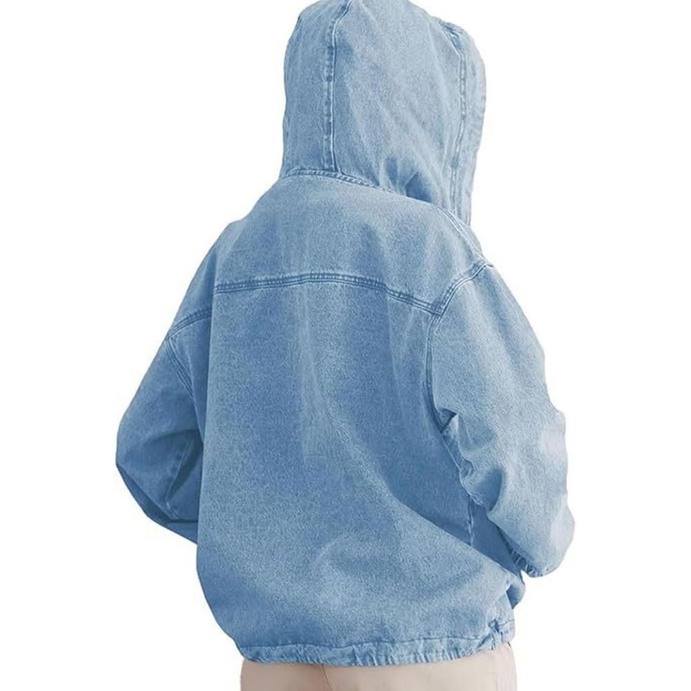 Generisch Damska bluza z kapturem, dżinsowa bluza z kapturem, luźna bluza z długim rękawem z kieszenią i ściągaczem, model 2025 (ciemnoniebieska, XL)