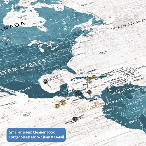 Image of IPIC - Antique Blue World Travel Map, Pin Board Canvas Wall Art, Travel Map with Pins Included, Ready to Hang for Home or Office, 24x16 Inch