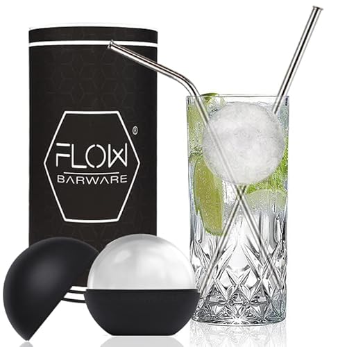 FLOW Barware Highball Glass Gift Set | 360ml Gin Glasses for Women, Men | Tall Glasses Set with Ice Ball Mould & Metal Straws | Gin & Tonic, Vodka & Coke, Mixer & Long Cocktails