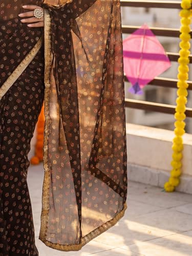 Image of SAREE MALL Women's Brown Chiffon PolkaDot Printed Saree With Unstitched Blouse Piece (2QEN1610 AI2)