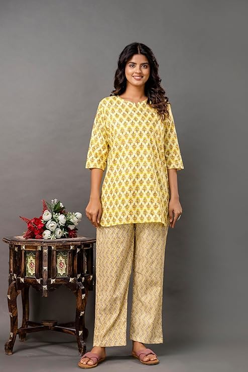 Image of Pure Cotton Printed Night Suit Set | Top Pyjama Set for Women | Night Dress of Kurta Pyjama Set for Women | Kurta Top Set