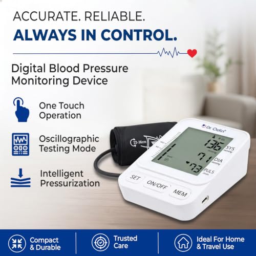 Image of Dr. Odin OBP107 Digital Blood Pressure Machine | Automatic Upper Arm, Large LCD Display, 2 Users x 99 Memory, Pulse Rate Monitor, 22-36 cm Cuff