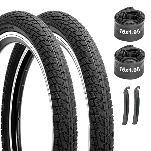 Kids Bike Tires and Tubes Set: 2-Pack 16x1.95 Inch Folding Bicycle Tires, Puncture-Resistant Inner Tubes Schrader Valve with Tire Levers for BMX MTB