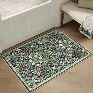 WondRg 2x3 Washable Dark Green Floral Area Rug for Living Room Non-Slip Soft Throw Rug for Kids Room Vintage Low Pile Stain Resistant Doormat for Entryway Front Door Kitchen Playroom 2'x3' F