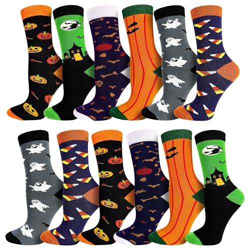 Winterlace Halloween Socks for Women Girls 12 Pairs Bats Pumpkins Ghosts Print Colorful Pattern Novelty Cute (Assorted Crew Socks C)
