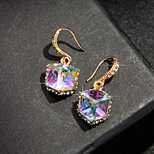 Austrian Crystal Cube Drop Dangle Earrings for Women 14K Gold Plated Hypoallergenic Jewelry (Aurora Borealis) - Thumbnail 3