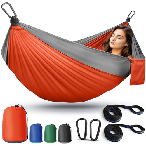 Camping Hammock Lightweight, Portable Hammocks Parachute Hammock with Two Tree Straps, Single or Double Travel Swing Nylon Camp Hammocks, Outdoor Essentials for Beach Backpacking Hiking, Orange