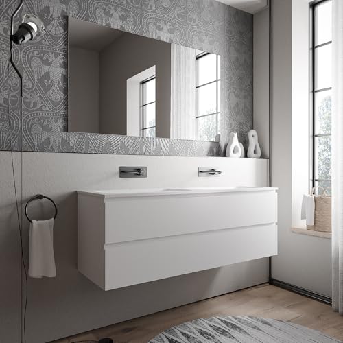 BERNSTEIN - Meuble double vasque suspendu salle de bain MDF Blanc mat, 2 lavabos fonte minérale Blanc mat, sans trou robinet - 160x46x50cm - AVA CREAM