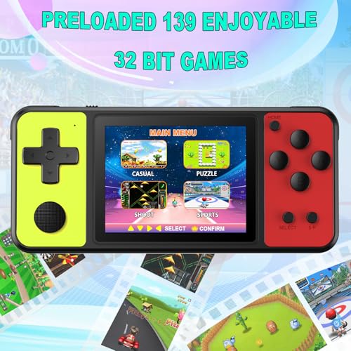Image of 32 Bit Handheld Games for Kids Built-in 139 Retro Video Games,3.0 inch IPS Screen Rechargeable Portable Arcade Gaming Player,Electronic Travel Toys for Boys Girls Birthday Yellow-Red