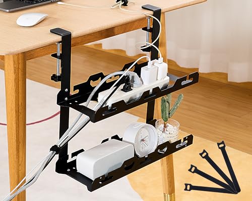 BYMECOST No Drill Under Desk Double Cable Management Tray, Sturdy Steel Under Desk Cord Hider Raceway, Metal Cable Tray with Clamp, Power Strip Cord Holder for Home Office Wire Management