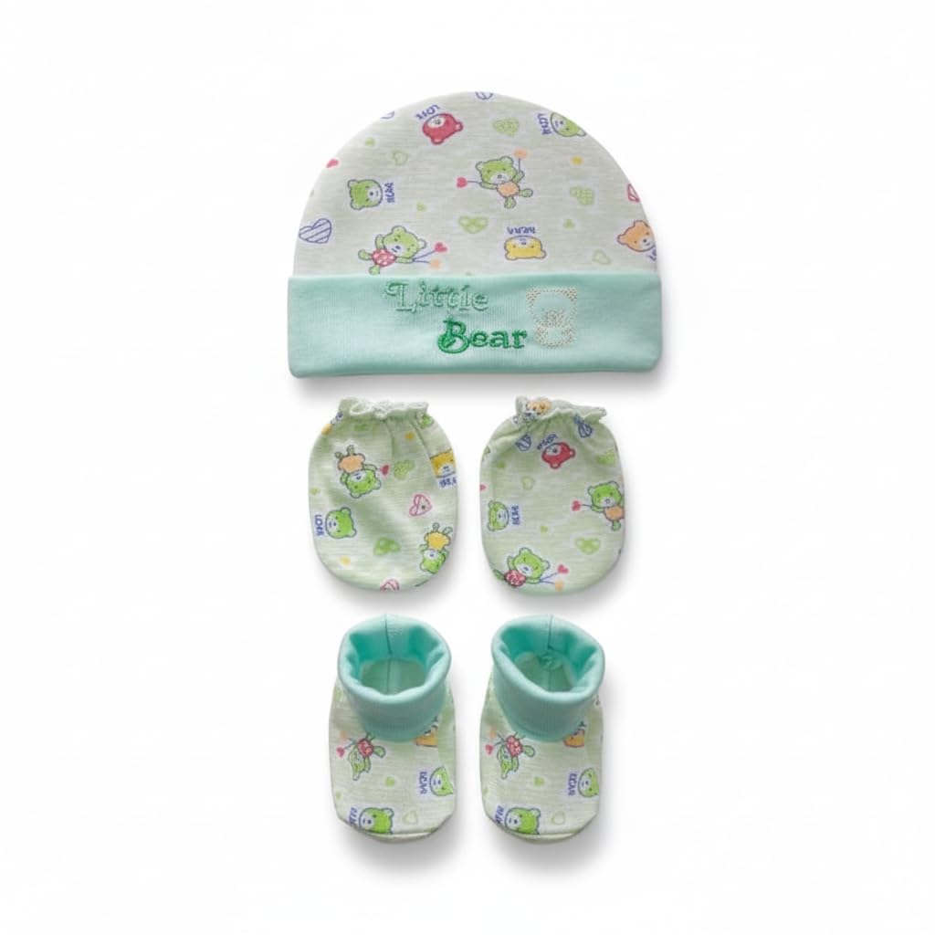 SAFE-O-KID Soft Baby Cotton Colourful Mitten Gloves, Cap & Booty Set for Boys & Girls (0–3 Months)- Green-image-27