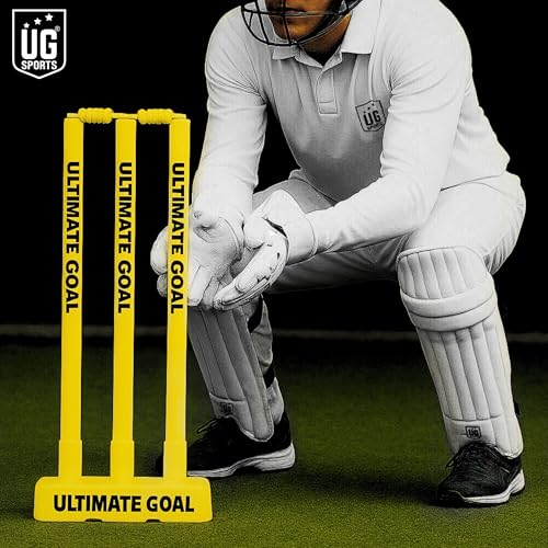 Image of UG Sports Strong Plastic Cricket Stumps Set with Base & Bails | Durable, Portable & Ideal Wickets for Practice, Match, and Training (Yellow)