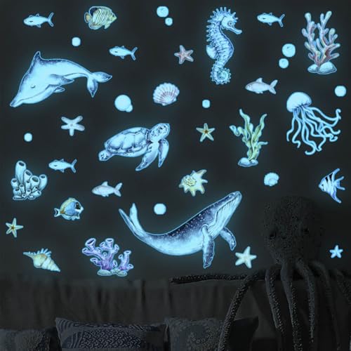 Vinilos decorativos marinos luminosos para pared azul