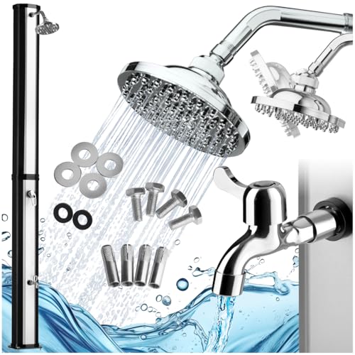 TecTake® Ducha Exterior Jardin, Resistente a la Intemperie, Temperaturas Altas, Alcachofa 360°, Grifo de Ducha Jardin para Pies, Conexión para Manguera, Ducha Solar Exterior - 35 L Negro/Plata