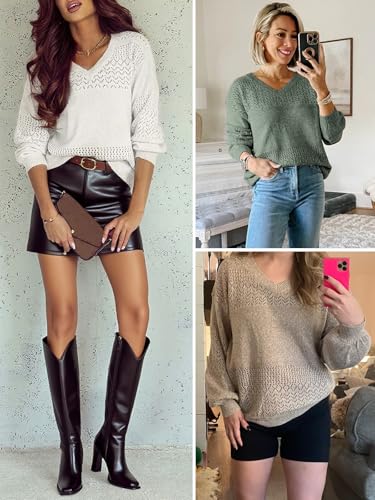ATHMILE Sweaters for Women Fall Outfits Oversized Long Sleeve V Neck Crochet Sweaters Lightweight Knit Pullover Jumper4